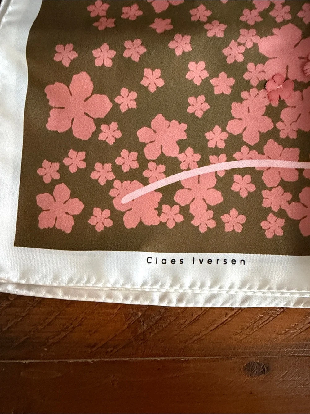 Pink Floral Silk Scarf - Pink on Olive
